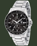 Silver watch with black face on a white background