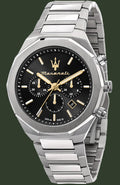 Silver watch with black face and visible brand logo on a white background