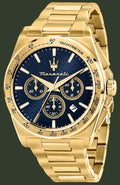 Gold watch with blue face featuring Maserati logo on a white background