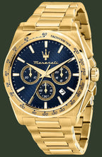 Gold watch with blue face featuring Maserati logo on a white background