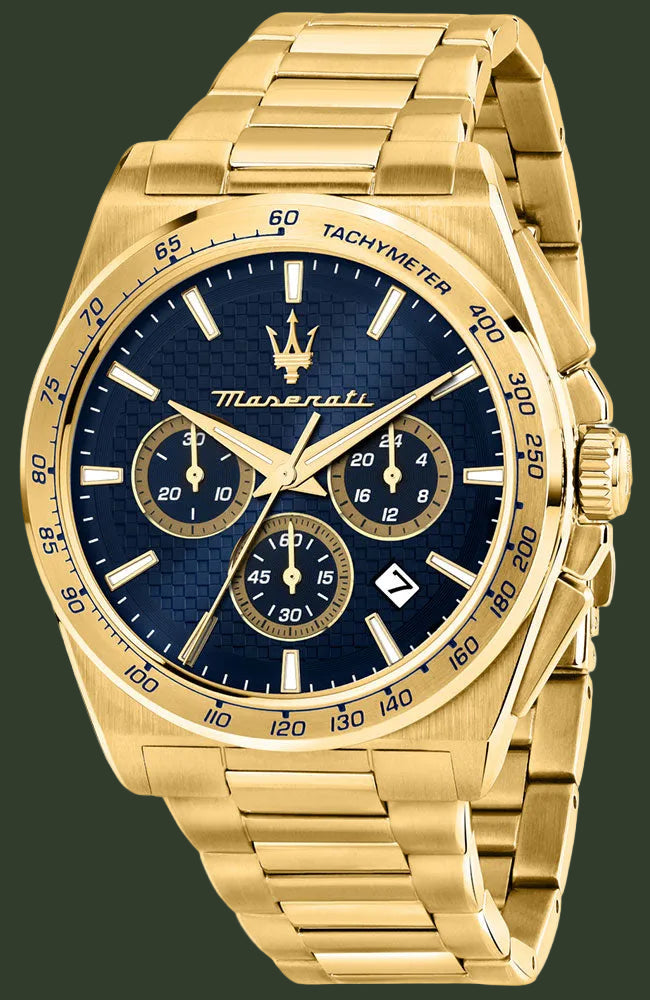 Gold watch with blue face featuring Maserati logo on a white background