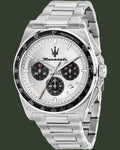 Silver Maserati watch with a white face on a white background