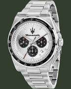 Silver Maserati watch with a white face on a white background