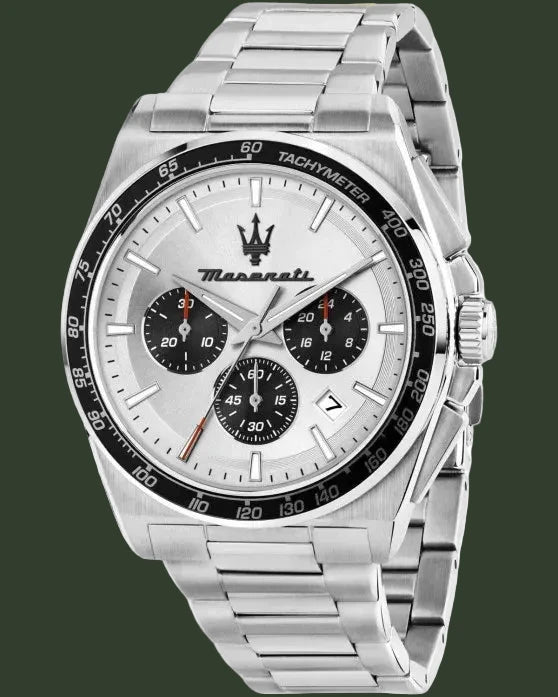 Silver Maserati watch with a white face on a white background