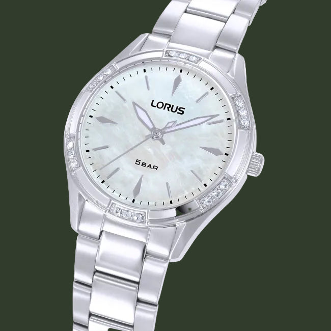A LORUS women's analog watch featuring a silver stainless steel link bracelet, a white mother-of-pearl dial, and a bezel accented with clear crystals.