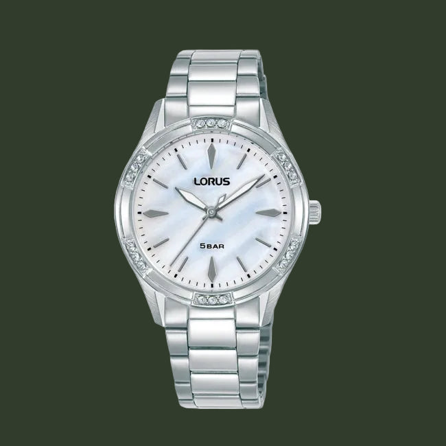 A silver-tone stainless steel wrist watch with a white mother-of-pearl dial, crystal rhinestone bezel, and matching metal link bracelet, shown against a plain white background.