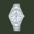 A silver-tone stainless steel wrist watch with a white mother-of-pearl dial, crystal rhinestone bezel, and matching metal link bracelet, shown against a plain white background.
