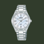 A silver-tone stainless steel wrist watch with a white mother-of-pearl dial, crystal rhinestone bezel, and matching metal link bracelet, shown against a plain white background.