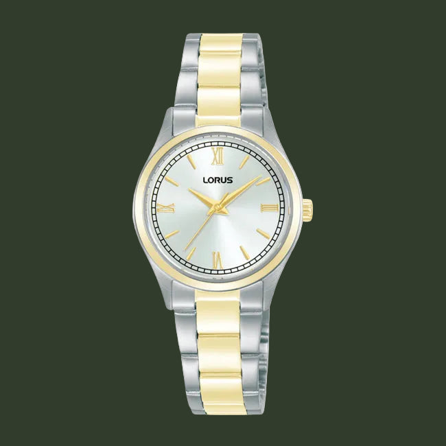 A LORUS women's analog watch featuring a two-tone silver and gold stainless steel link bracelet, a gold-tone bezel, gold-tone hands, and a white dial with Roman numeral hour markers.