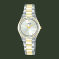 A LORUS women's analog watch featuring a two-tone silver and gold stainless steel link bracelet, a gold-tone bezel, gold-tone hands, and a white dial with Roman numeral hour markers.