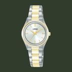 A LORUS women's analog watch featuring a two-tone silver and gold stainless steel link bracelet, a gold-tone bezel, gold-tone hands, and a white dial with Roman numeral hour markers.