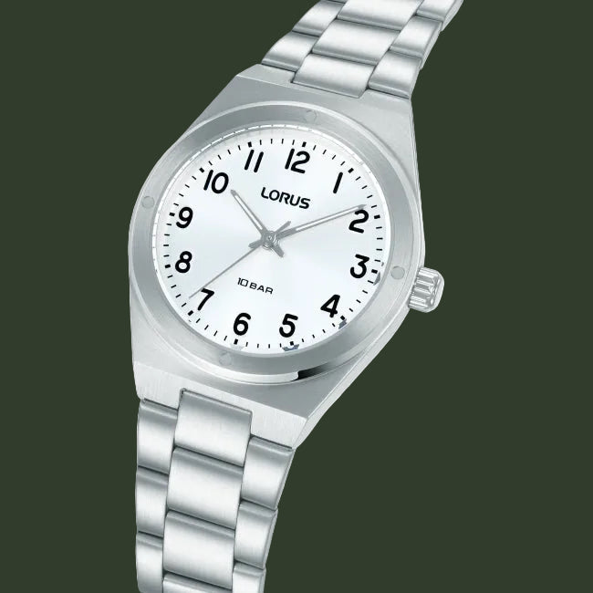 A silver stainless steel wrist watch with a white dial, black Arabic numerals, and a matching silver link bracelet, shown on a plain white background.