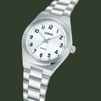 A silver stainless steel wrist watch with a white dial, black Arabic numerals, and a matching silver link bracelet, shown on a plain white background.