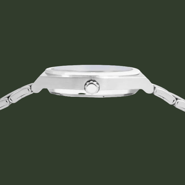 Close-up side view of a silver stainless steel watch with a matching metal link bracelet, featuring a prominent crown button on the side.