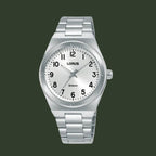A silver-tone stainless steel wrist watch with a white dial, black Arabic numerals, and a matching metal link bracelet, shown against a plain white background.