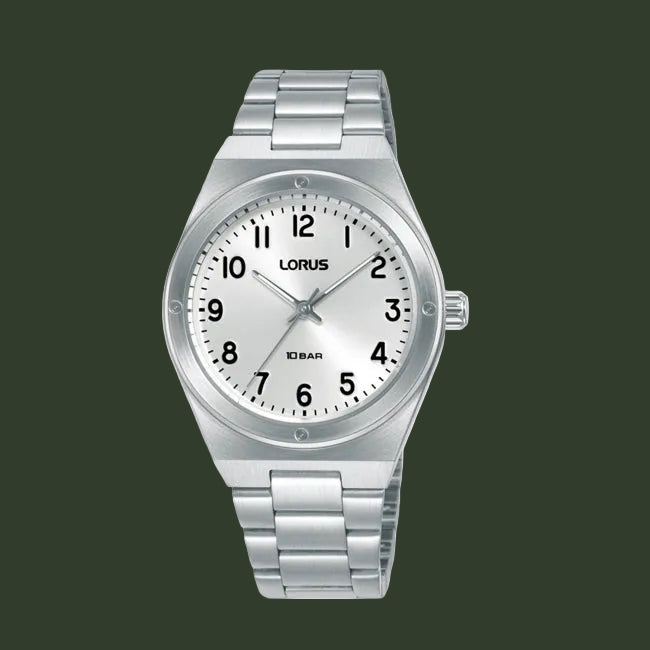 A silver-tone stainless steel wrist watch with a white dial, black Arabic numerals, and a matching metal link bracelet, shown against a plain white background.