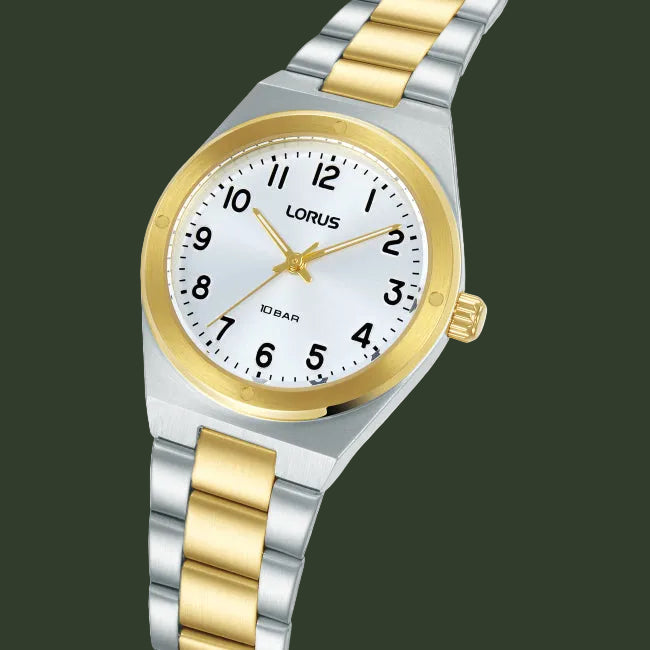 A Lorus two-tone stainless steel and gold analog watch with a white dial, black Arabic numerals, and a gold-tone bezel and hands, shown on a clean white background.