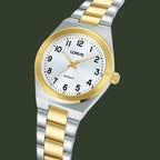 A Lorus two-tone stainless steel and gold analog watch with a white dial, black Arabic numerals, and a gold-tone bezel and hands, shown on a clean white background.