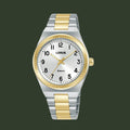 A LORUS analog wristwatch with a two-tone silver and gold metal bracelet, a gold-tone bezel, and a white dial with black Arabic numerals.