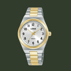 A LORUS analog wristwatch with a two-tone silver and gold metal bracelet, a gold-tone bezel, and a white dial with black Arabic numerals.