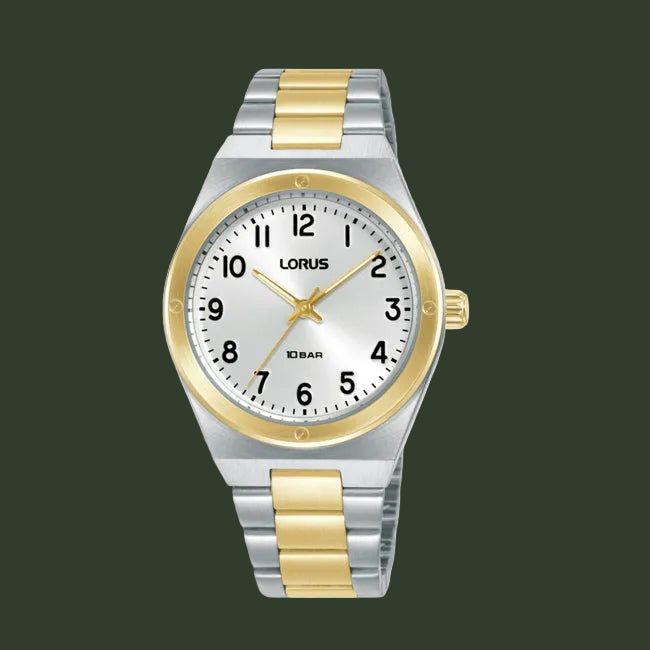 A LORUS analog wristwatch with a two-tone silver and gold metal bracelet, a gold-tone bezel, and a white dial with black Arabic numerals.