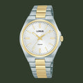 A Lorus analog wristwatch with a two-tone silver and gold metal bracelet, a silver case, and a white dial with gold accents.