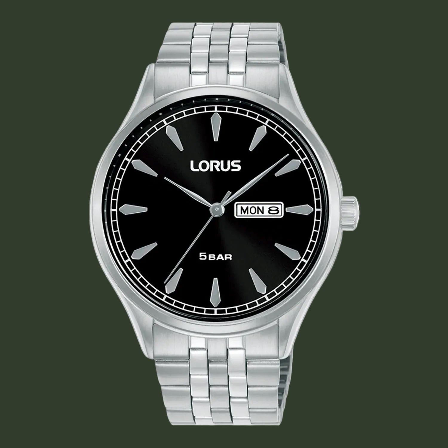 A Lorus men's analog watch with a silver stainless steel case and link bracelet, featuring a black dial with silver-tone indices and hands, a day and date window at 3 o'clock, and '5BAR' printed below.