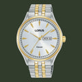A Lorus men's analog watch with a silver and gold two-tone stainless steel case and link bracelet, featuring a white dial with gold-tone hour markers and hands, and a day-date window at 3 o'clock.