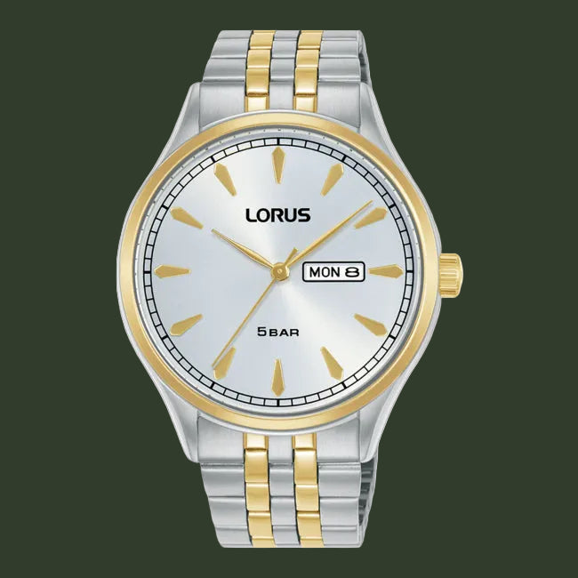 A Lorus men's analog watch with a silver and gold two-tone stainless steel case and link bracelet, featuring a white dial with gold-tone hour markers and hands, and a day-date window at 3 o'clock.