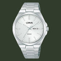 Silver Lorus watch with a white dial on a white background