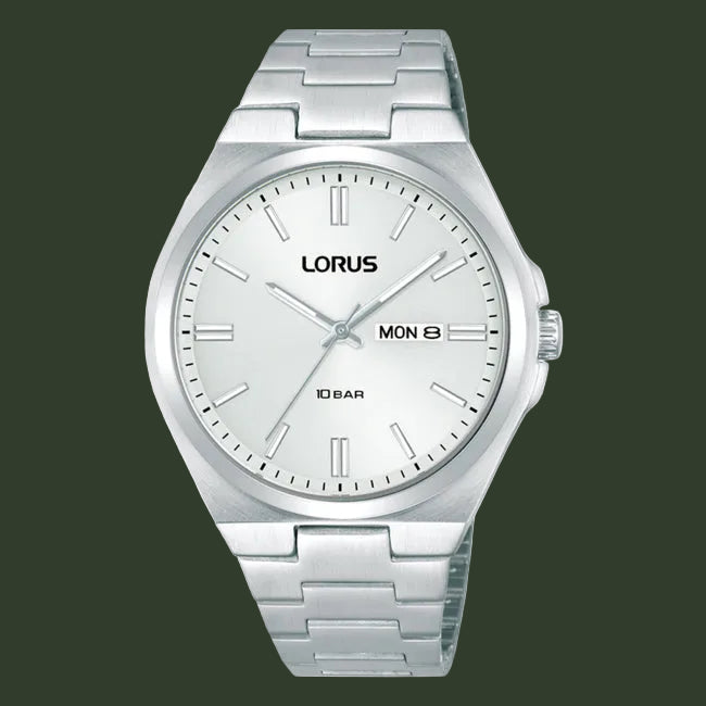 Silver Lorus watch with a white dial on a white background