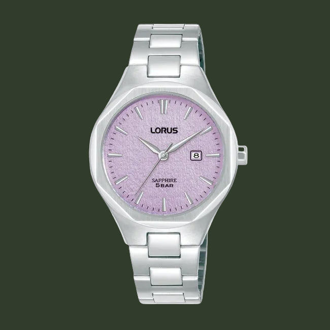 Silver Lorus watch with a purple face on a white background
