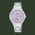 Silver Lorus watch with a purple face on a white background