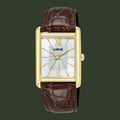 A Lorus rectangular analog watch with a gold-tone case, white dial, and a dark brown textured leather strap, shown against a plain white background.