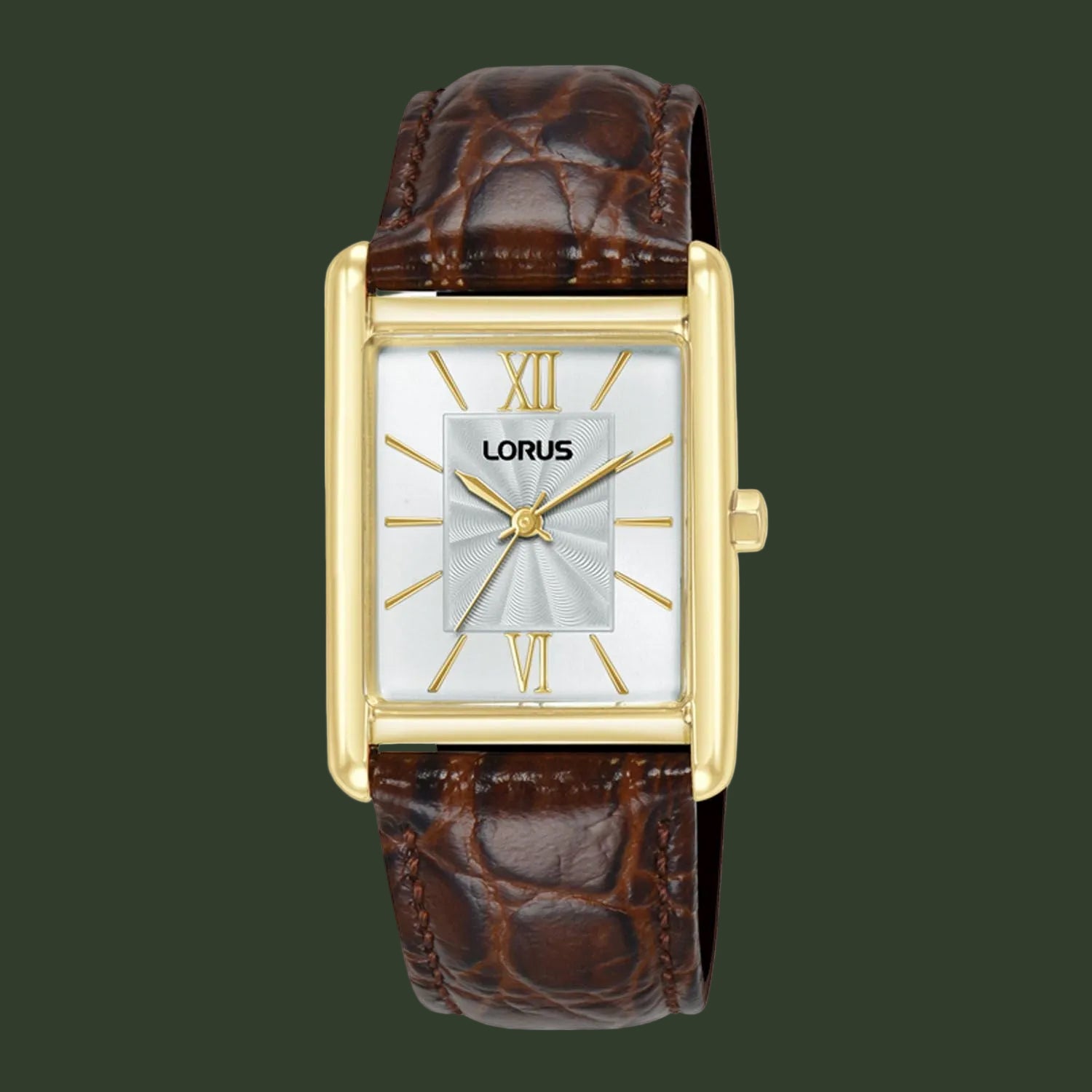 A Lorus rectangular analog watch with a gold-tone case, white dial, and a dark brown textured leather strap, shown against a plain white background.