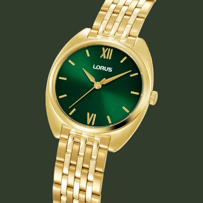 A Lorus women's watch featuring a polished gold-tone metal case and integrated link bracelet, paired with a vibrant green sunburst dial and gold-tone Roman numerals.
