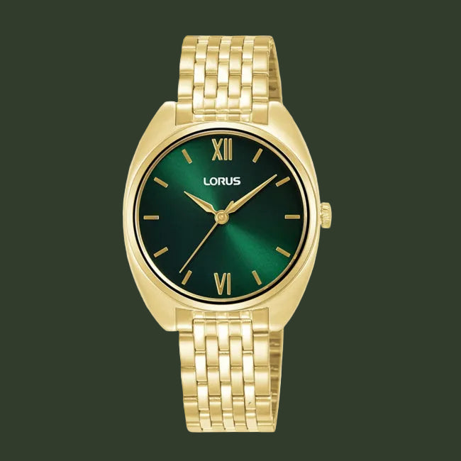 A Lorus women's watch featuring a gold-tone metal case and link bracelet with a dark green sunburst dial, gold-tone hands and Roman numeral hour markers, shown on a plain white background.