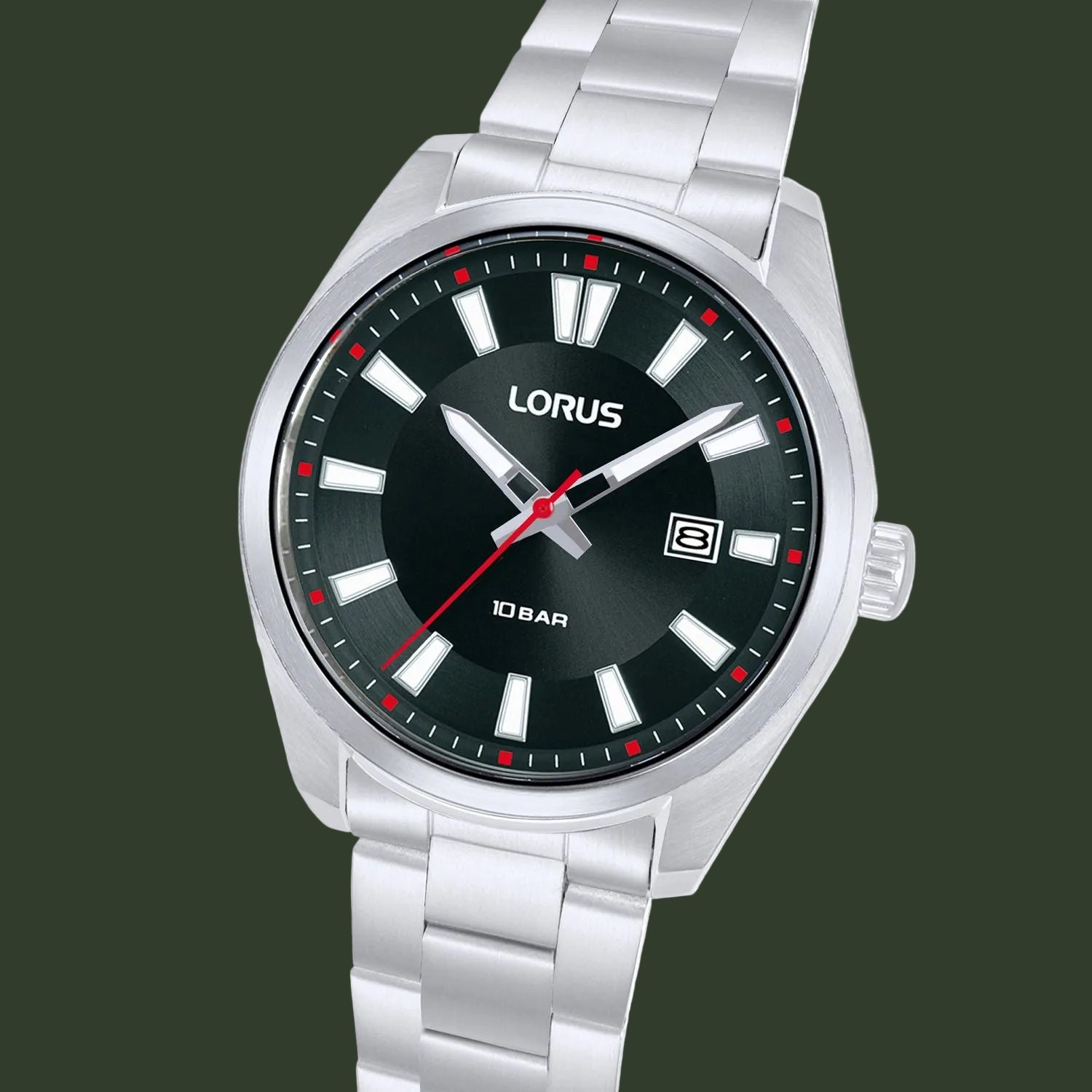 Silver Lorus watch with black dial on a white background