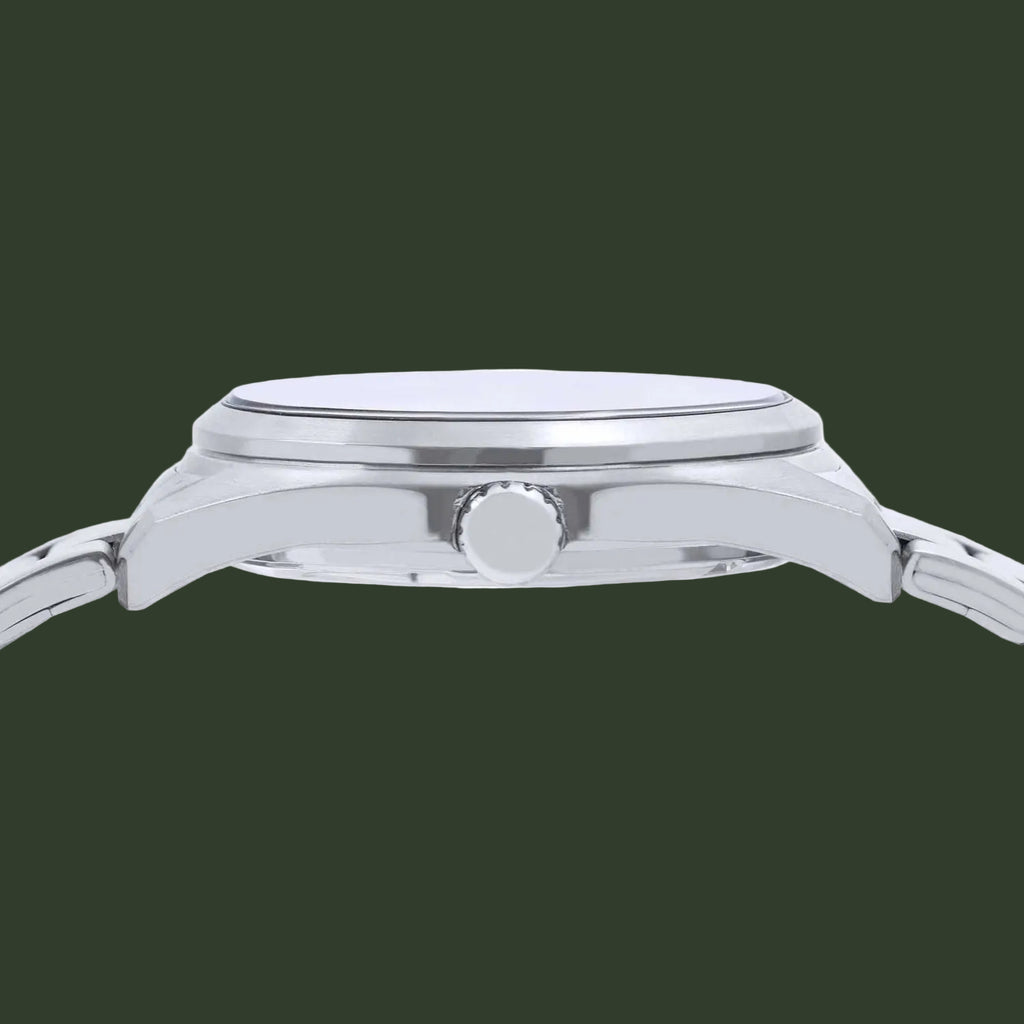 Close-up side view of a silver stainless steel wristwatch with a matching metal bracelet and a single crown button, shown against a plain white background.