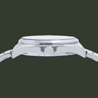 Close-up side view of a silver stainless steel wristwatch with a matching metal bracelet and a single crown button, shown against a plain white background.