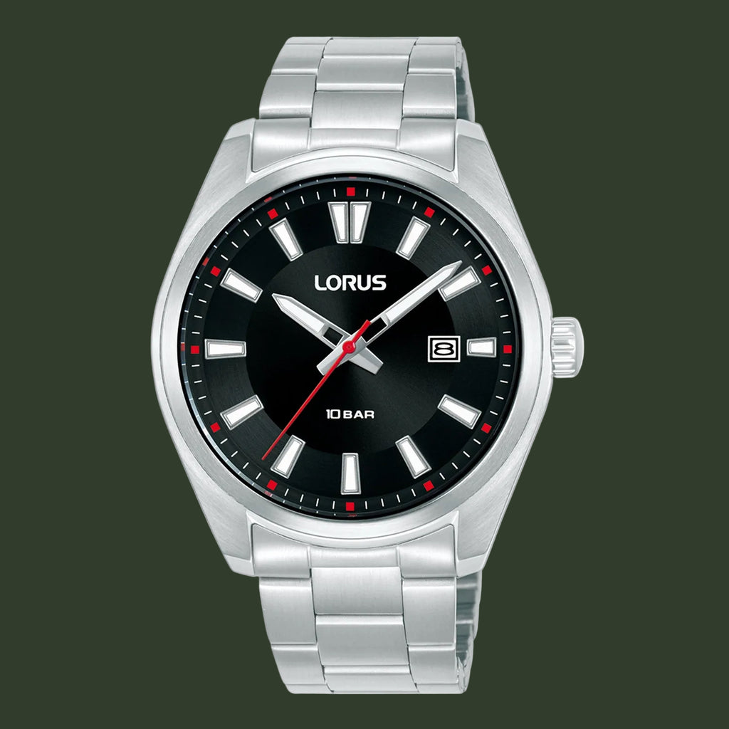A LORUS men's analog watch with a silver stainless steel link bracelet, a black dial, and silver hour markers with red accents.