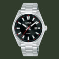 A LORUS men's analog watch with a silver stainless steel link bracelet, a black dial, and silver hour markers with red accents.