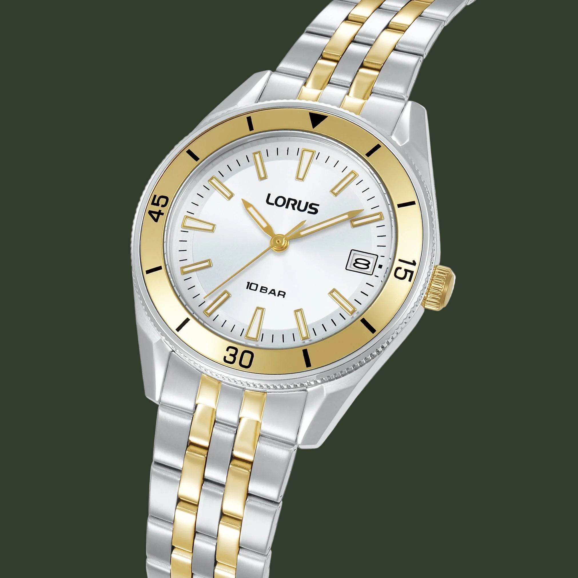 A LORUS women's two-tone stainless steel and gold watch with a white dial, featuring a silver and gold link bracelet, a gold bezel, and a date window.