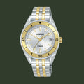 A Lorus analog watch with a two-tone silver and gold stainless steel bracelet, a gold bezel, and a silver dial with gold hands and indices.