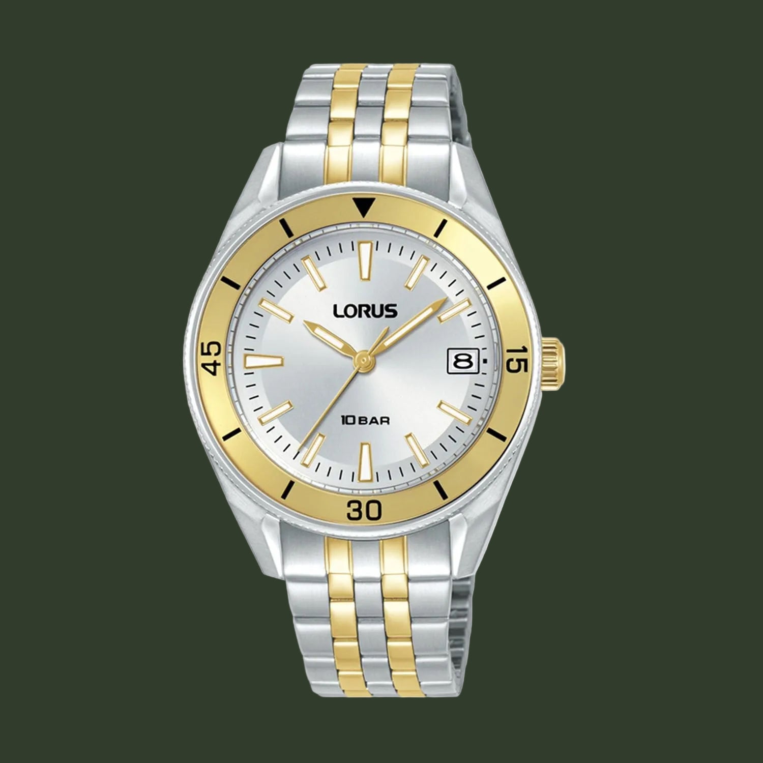 A Lorus analog watch with a two-tone silver and gold stainless steel bracelet, a gold bezel, and a silver dial with gold hands and indices.