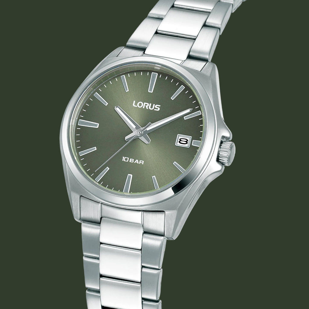 LORUS men's analog watch with a silver stainless steel link bracelet, a silver case, and a muted olive green dial with silver hour markers and hands.