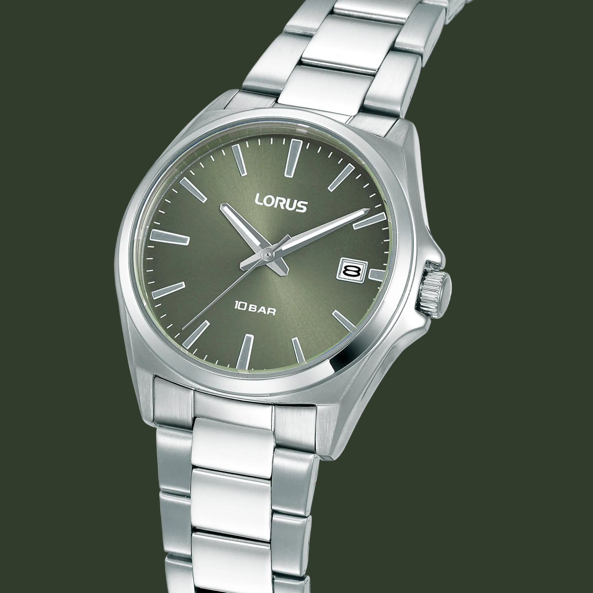 LORUS men's analog watch with a silver stainless steel link bracelet, a silver case, and a muted olive green dial with silver hour markers and hands.