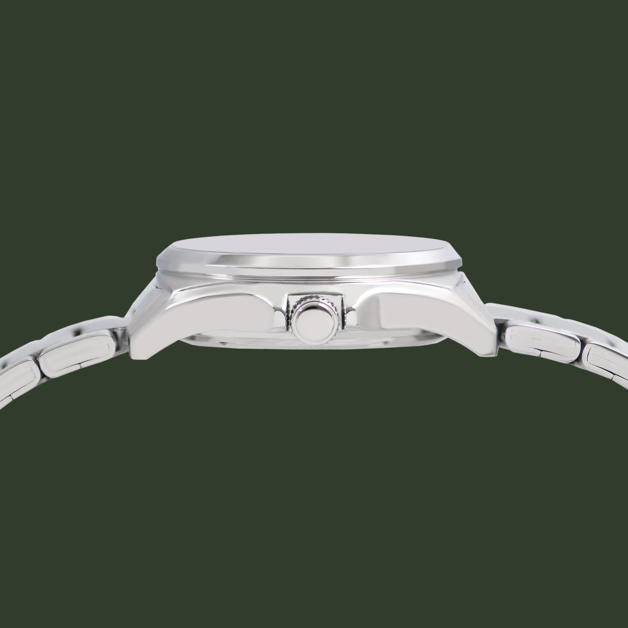 Close-up side view of a stainless steel wristwatch with a matching metal link band, shown against a plain white background.