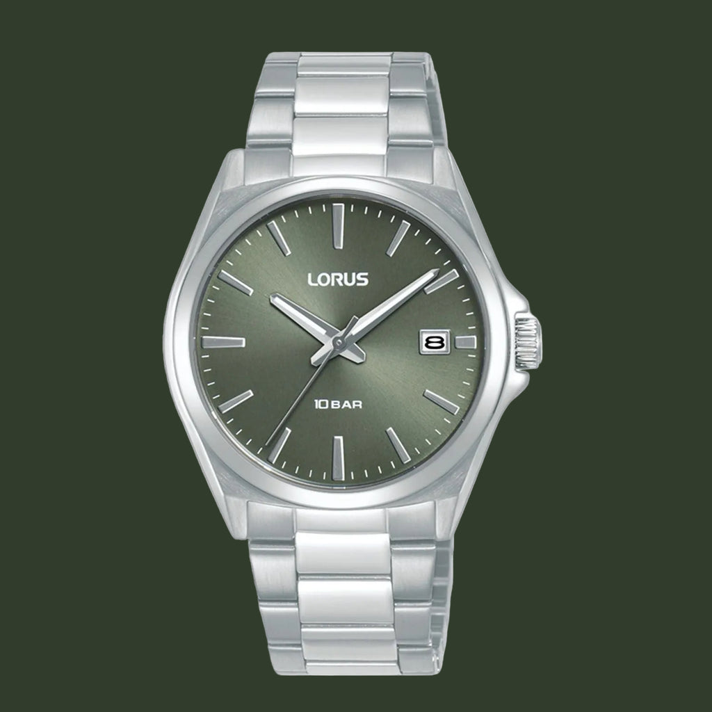 A Lorus men's analog watch with a silver stainless steel case and link bracelet, featuring an olive green dial with silver-tone hands, stick indices, and a date window.