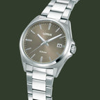 Lorus analog wristwatch with a silver stainless steel link bracelet, a silver case, and a taupe-brown dial with a date window.